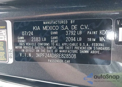 2024 Kia Forte Lxs z USA, uszkodzony, nr VIN 3KPF24AD8RE828508